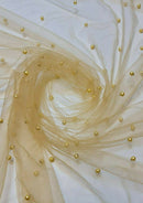 Gold 60" Net Fashion Studded Pearl Beaded Bridal Fabric Decoration/craft/dress/scarf